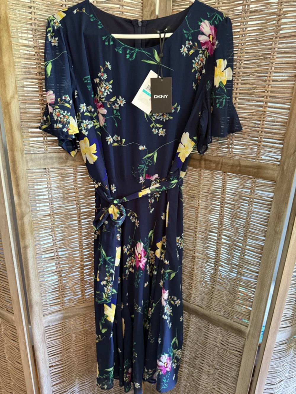 DKNY Navy Floral Midi Dress with Yellow and Pink Blooms